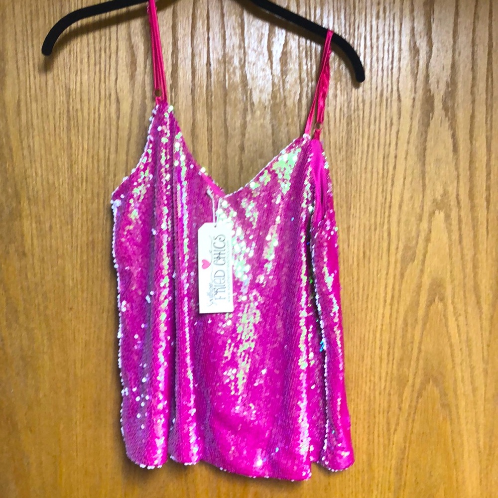 Pink hologram sequin cami.